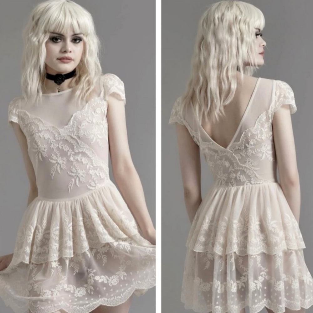 Dolls Kill Widow tea stained lace tiered mini dress - off white nude